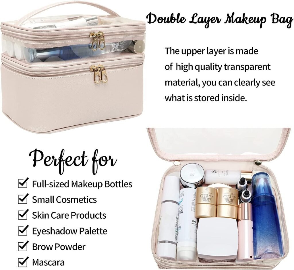 Makeup-Bag,Large Leather Makeup-Organizer for Travel-Accessories Clear-Cosmetic-Bag,Portable Travel Essentials Bag Makeup Case,Make Up Bag Toiletry Bag for Women,College Dorm Room Essentials for Girls