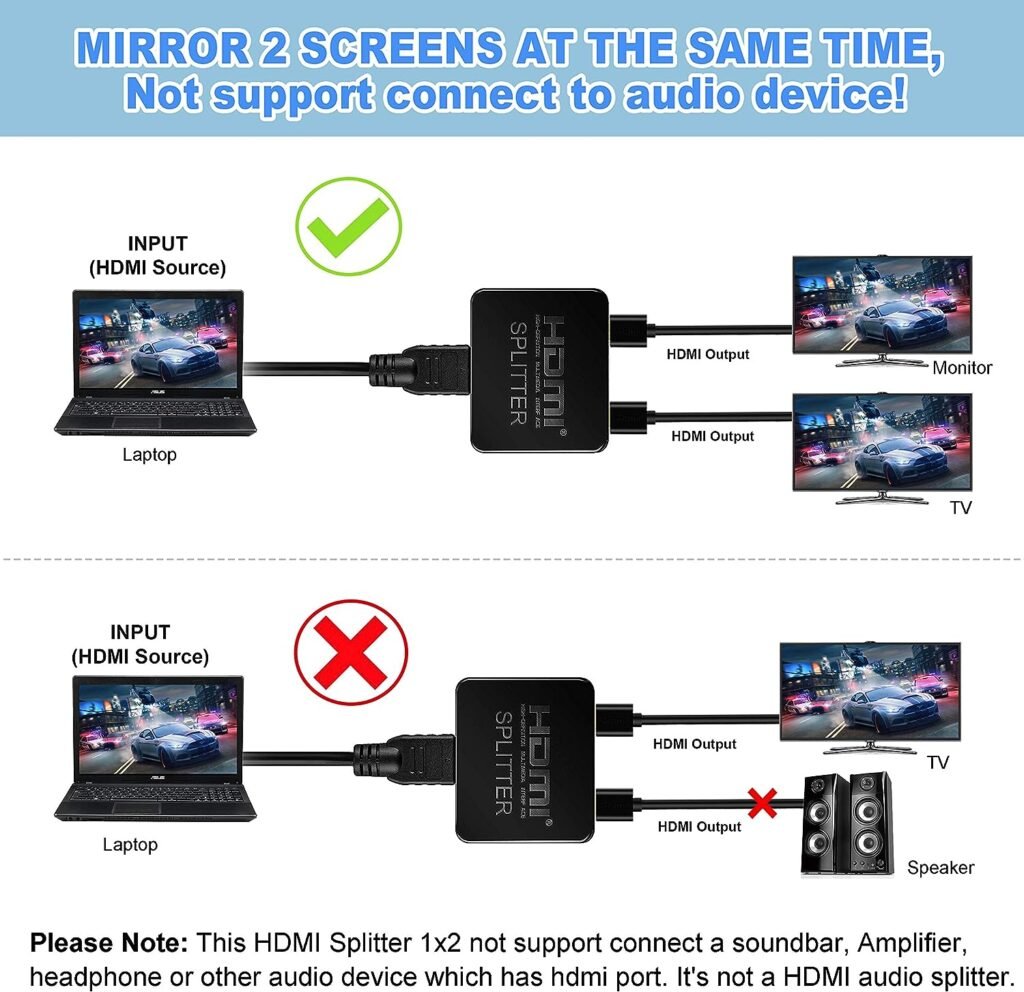 avedio links HDMI Splitter 1 in 2 Out【with 4ft HDMI Cable 】 4K HDMI Splitter for Dual Monitors Duplicate/Mirror Only, 1x2 HDMI Splitter 1 to 2 Amplifier for Full HD 1080P 3D, 1 Source onto 2 Displays