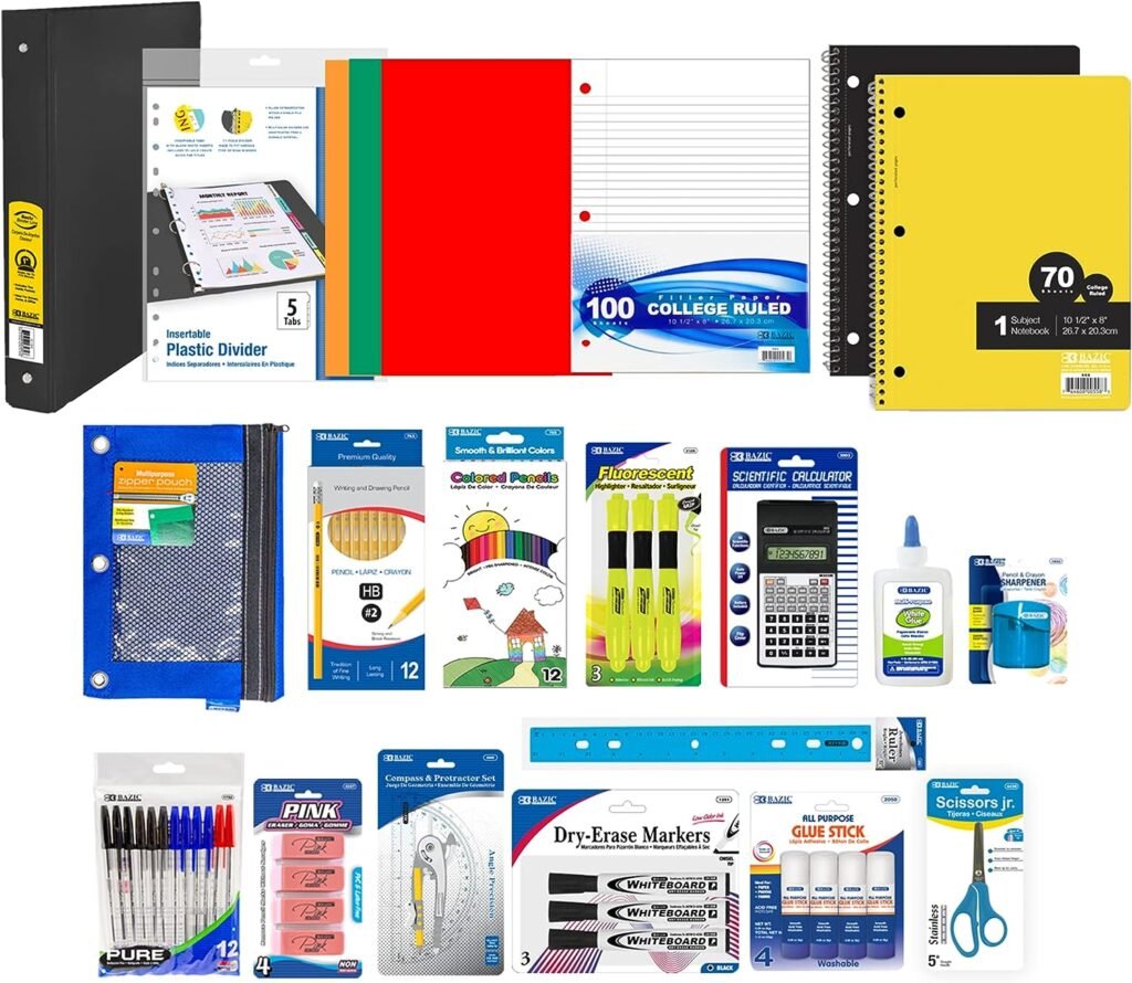 BAZIC Middle High School Kit Supply Box 65 Count for Student 7-12 Grades, Composition Book Compass, Color May Vary, 1-Pack