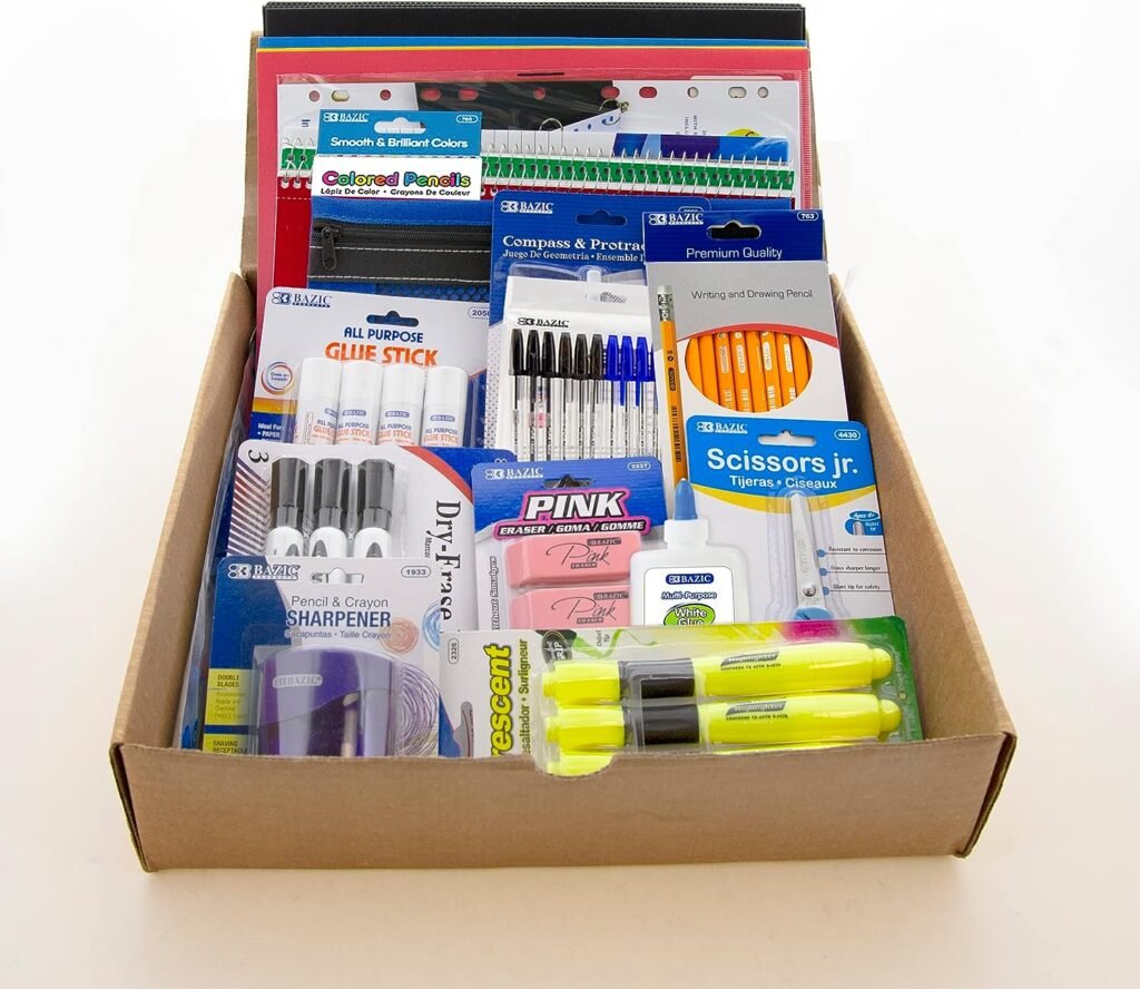 BAZIC Middle High School Kit Supply Box 65 Count for Student 7-12 Grades, Composition Book Compass, Color May Vary, 1-Pack