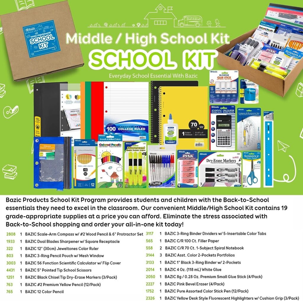 BAZIC Middle High School Kit Supply Box 65 Count for Student 7-12 Grades, Composition Book Compass, Color May Vary, 1-Pack
