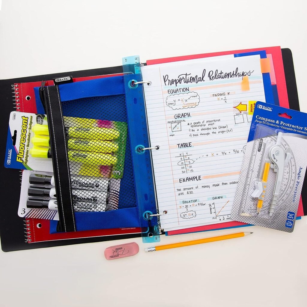 BAZIC Middle High School Kit Supply Box 65 Count for Student 7-12 Grades, Composition Book Compass, Color May Vary, 1-Pack