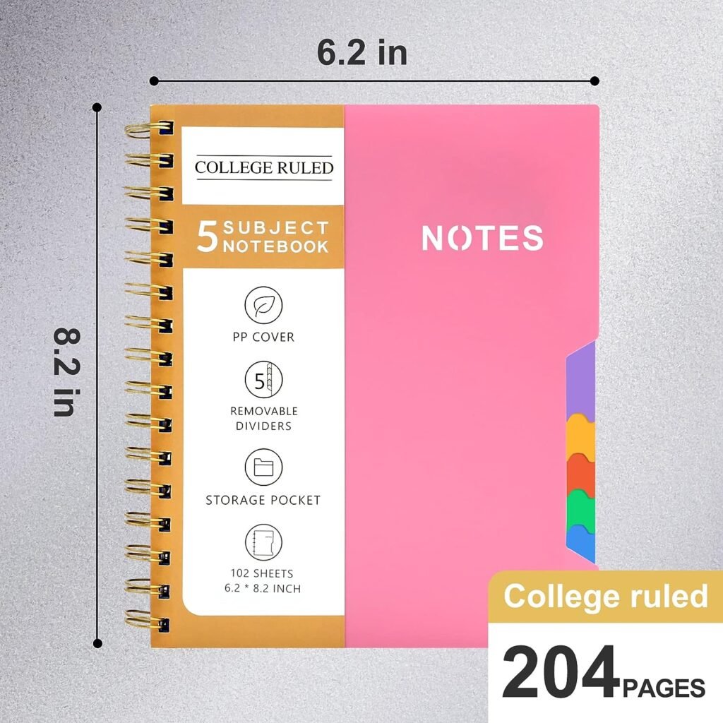 CAGIE 5 Subject Notebook College Ruled 6 x 8 Hardcover Spiral Lined Notebook with 5 Removable Colored Dividers 204 Pages Notebooks for Work, School Supplies, Home Office, Writing Journal