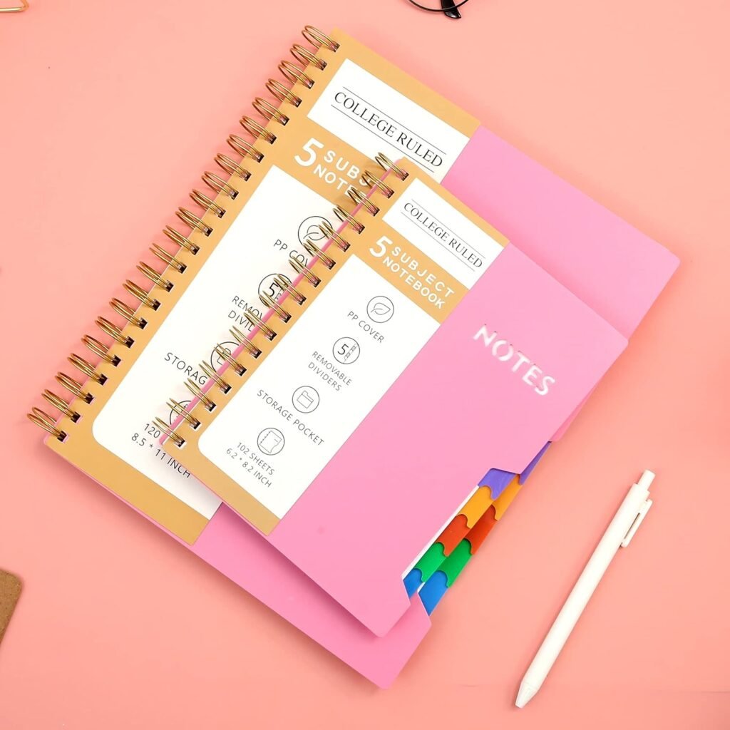CAGIE 5 Subject Notebook College Ruled 6 x 8 Hardcover Spiral Lined Notebook with 5 Removable Colored Dividers 204 Pages Notebooks for Work, School Supplies, Home Office, Writing Journal