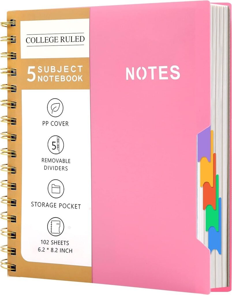 CAGIE 5 Subject Notebook College Ruled 6 x 8 Hardcover Spiral Lined Notebook with 5 Removable Colored Dividers 204 Pages Notebooks for Work, School Supplies, Home Office, Writing Journal