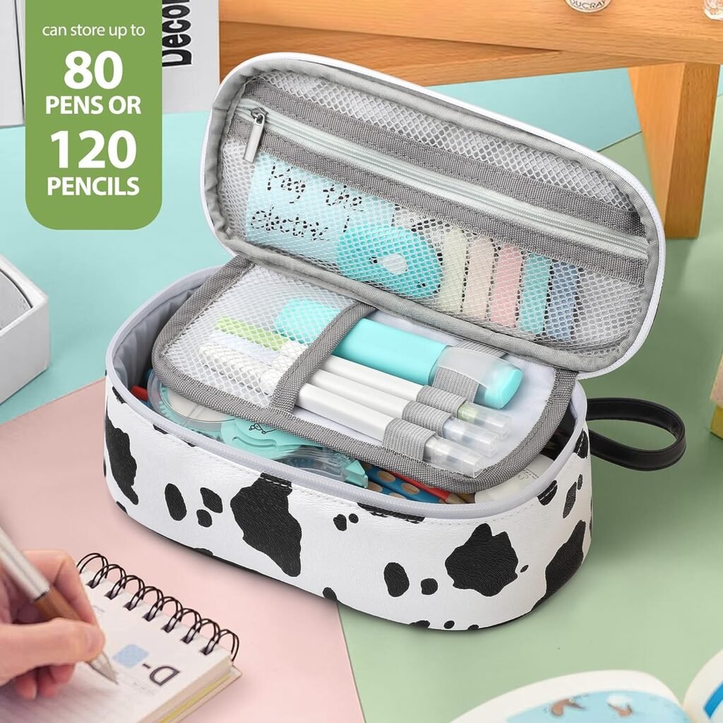 Large Capacity Pencil Case Portable Pencil Pouch Bag School Supplies for College Students Girls Boys Adults (Cow)