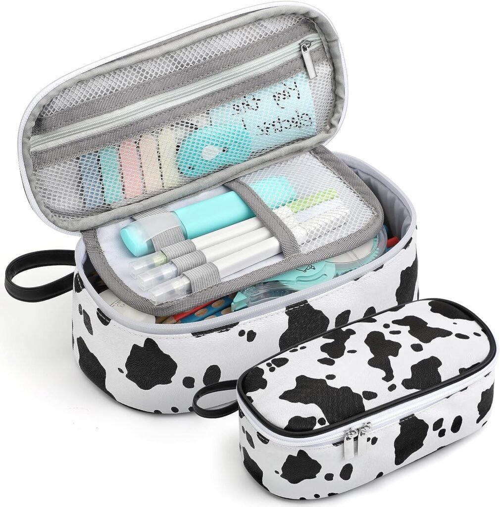 Large Capacity Pencil Case Portable Pencil Pouch Bag School Supplies for College Students Girls Boys Adults (Cow)