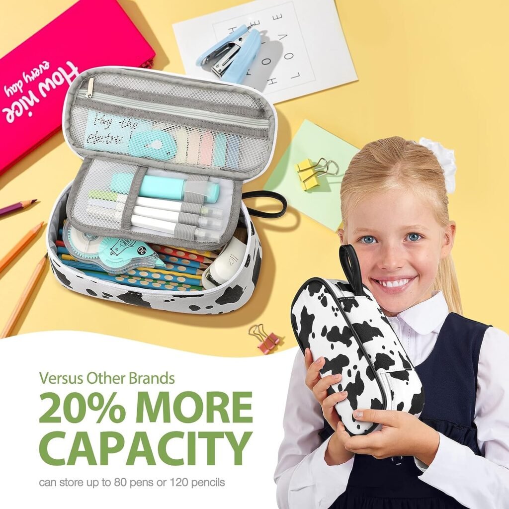 Large Capacity Pencil Case Portable Pencil Pouch Bag School Supplies for College Students Girls Boys Adults (Cow)