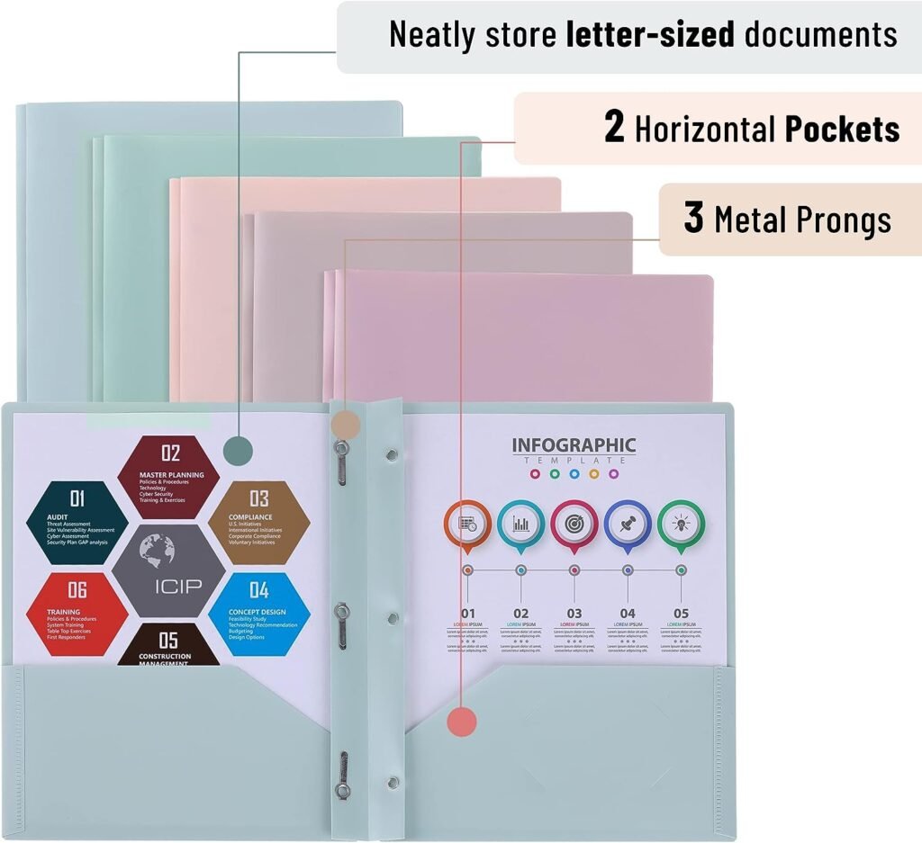 Mr. Pen- Plastic Folders with Pockets and Prong, 5 Pack, Muted Pastel Colors, Pocket Folders, Folders with Prongs, File Folders with Fasteners, 2 Pocket Folder, Folder with Pockets, Two Pocket Folder