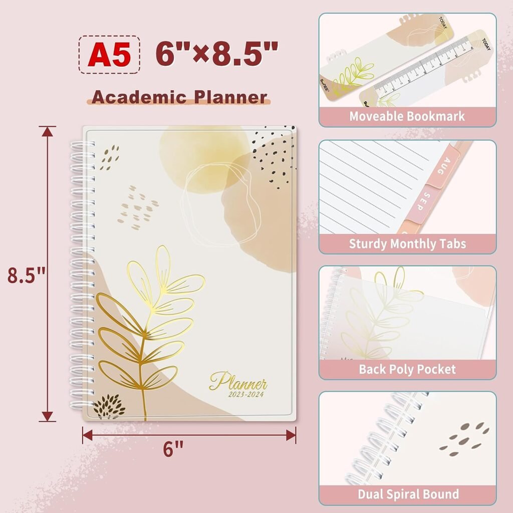 SUNEE Academic Planner 2023-2024 Weekly and Monthly - from July 2023 - June 2024, 6x8.4 School Year Calendar Daily Planner, Flexible Cover, Spiral Binding, Monthly Tab, Blushing Abstract Breeze