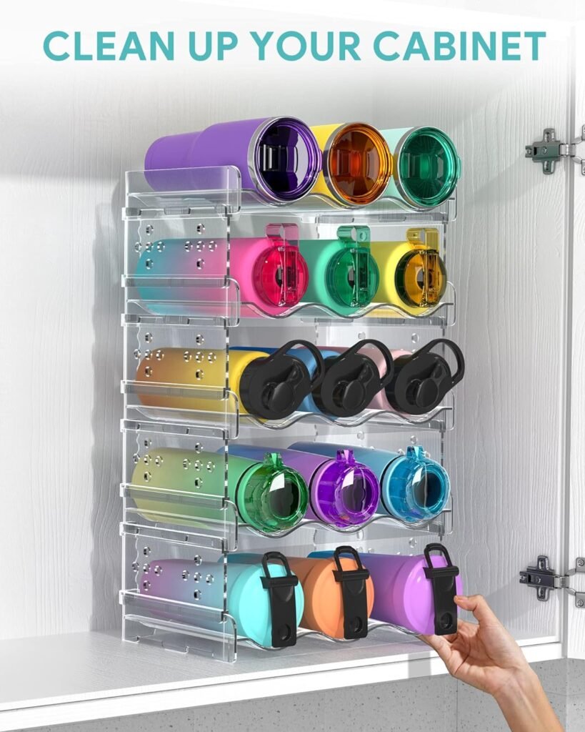 Areforic Water Bottle Organizer - 4 Pack Stackable Cup Organizer for Cabinet, Countertop, Pantry and Fridge, Free-Standing Tumbler Kitchen Storage Holder for Wine and Drink Bottles, Clear Plastic