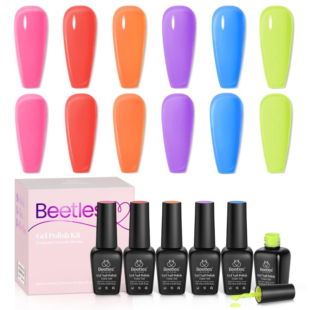Beetles 6 Colors Jelly Gel Nail Polish Kit, 2023 Jelly Tint Neon Translucent Sheer Red Hot Pink Purple Bright Blue Yellow Gel Polish Soak Off Uv Led Gel Nail Manicure for Girls Women