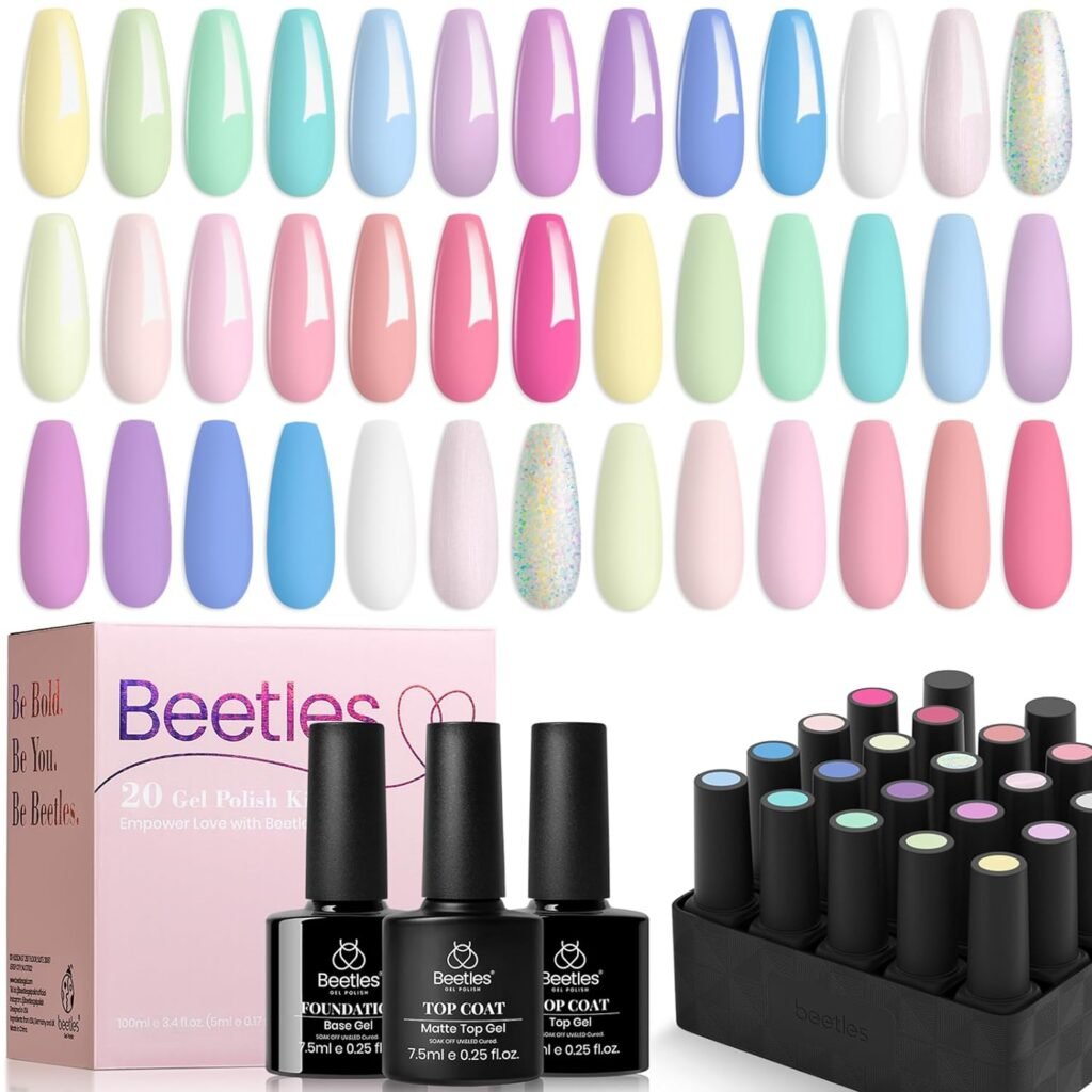 beetles Gel Polish Nail Set 20 Colors Dreamy Town Collection Pastel Girly Sparkle Glitter Uv Gel 2023 Macaroon Bright Manicure Kit for Girls Women with 3Pcs Base Top Coat