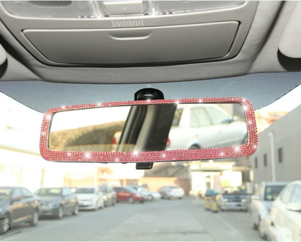 Bling Car Rear View Mirror, Rhinestones Crystal Clip-on Rearview Mirror with HD Glass, Compatible with Most Cars, SUVs, Vehicles, Auto Interior Accessories for Women Girl (White)