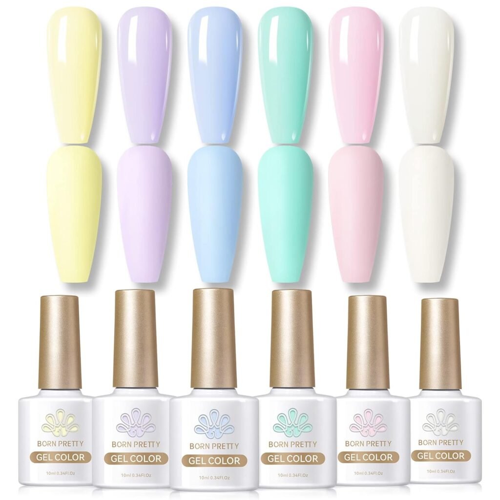 Born Pretty Pastel Gel Nail Polish Set Spring Summer Macaron Candy Sweet Color Gel Polish 2023 Easter Soft Pink Yellow Purple Blue Green Colors Collection 10ML 6PCS Nail Art Gift Box