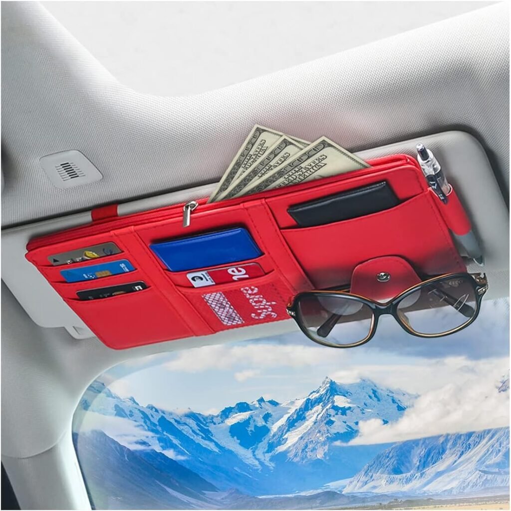 Car Sun Visor Organizer, Leather Storage Pocket Sun Visor Pouch with Zipper for Cards License Registration Pen Glasses Document, Fits Most Car SUV, Auto Interior Accessories for Men Women (Red)