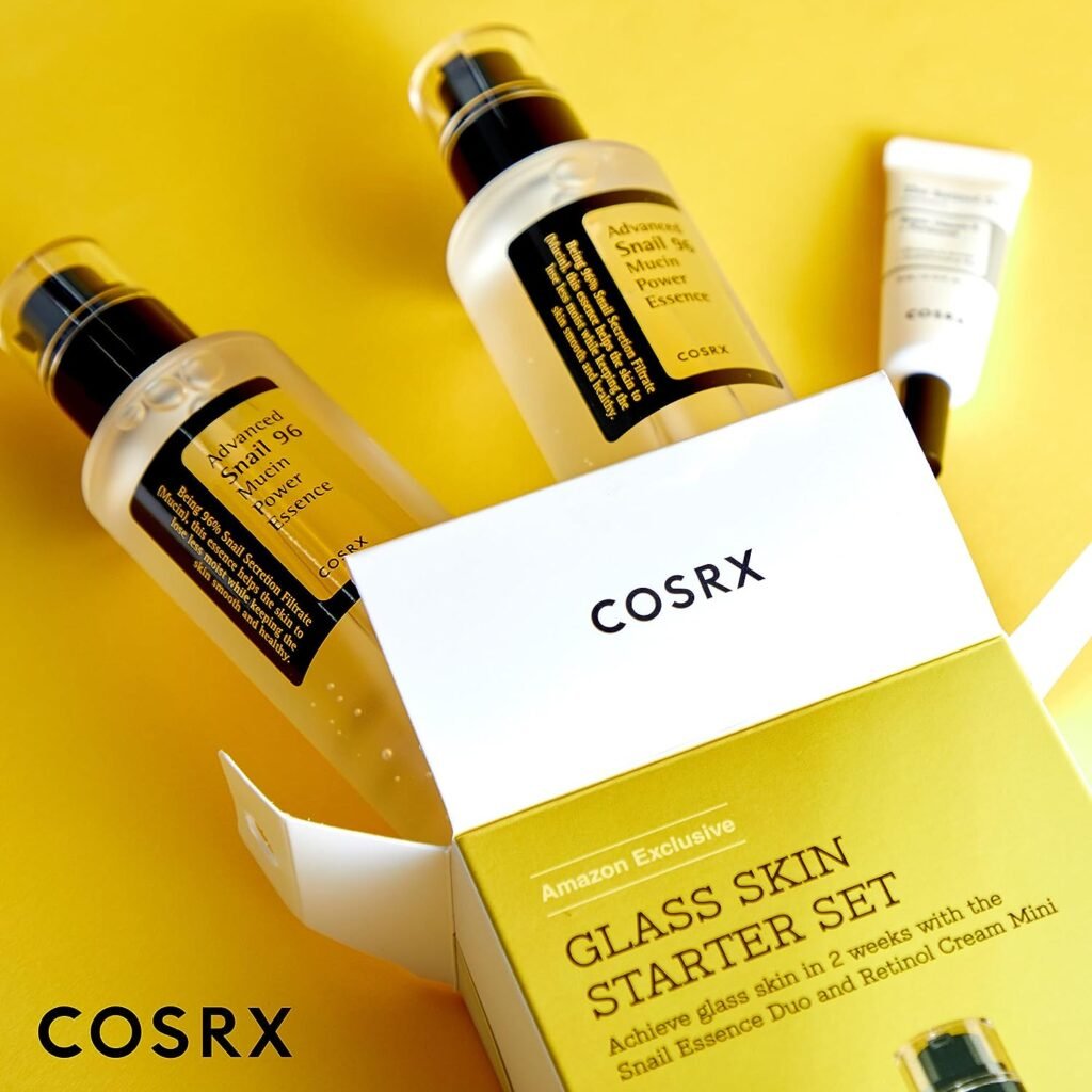 COSRX Glass Skin Starter Set, Advanced Snail 96 Mucin Power Essence (1.69 fl.oz*2) Retinol 0.1 Cream Mini (0.1 oz), Daily Hydrating Firming Skincare Kit for Beginners, Gift Set, Korean Skincare