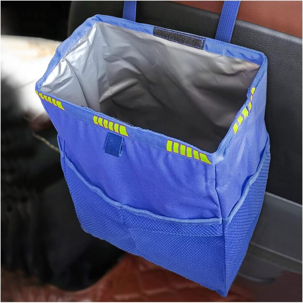 FekeyJF Hanging Car Trash Can with Storage Pockets, Waterproof Leakproof Oxford Auto Garbage Bag, Multi-Use Organizer for Outdoor Traveling, Foldable Trash Bin for Truck, SUV, Home, Office (Blue)