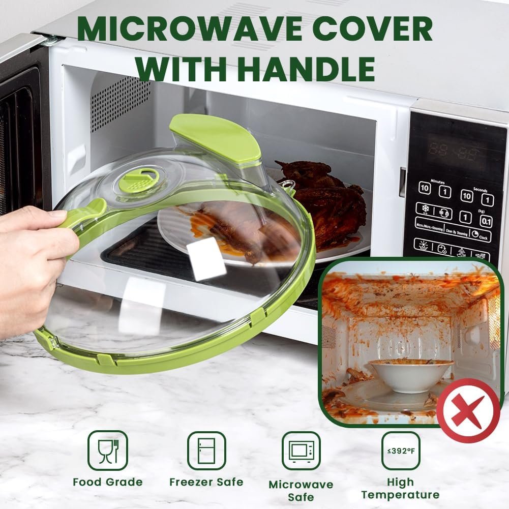 Gracenal Microwave Cover for Food, Clear Microwave Splatter Cover with Handle and Water Storage Box, 10 Inch Plate Covers, Kitchen Gadgets and Accessories, House Essentials for New Home Gifts, Green