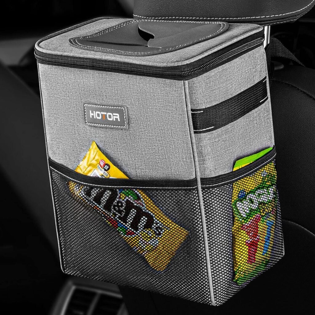 HOTOR Car Trash Can - Multifunctional Car Accessory for Interior Stuff with Compact Design, Waterproof Organizer and Storage with Adjustable Straps, Magnetic Snaps (Light Gray)