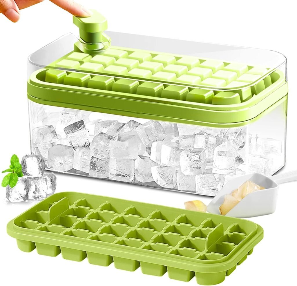 Ice Cube Tray with Lid and Bin, 2 Pack Ice Cube Trays for Freezer, 64 Pcs Ice Cube Mold (Green)