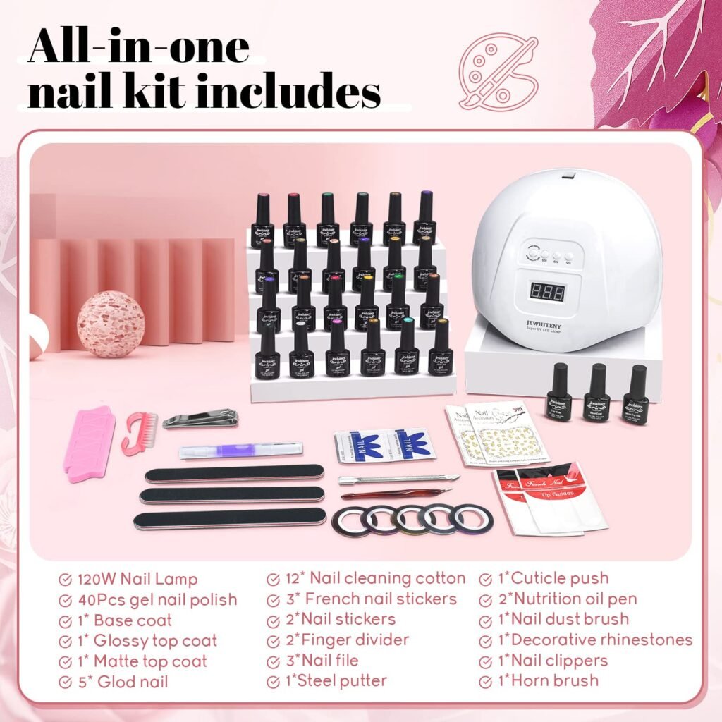 JEWHITENY 43PCS Gel Nail Polish Kit with U V Light 120W LED Nail Lamp 40 Colors Gel Nail Polish Set Manicure Tools All-In-One Nail Gel Kit