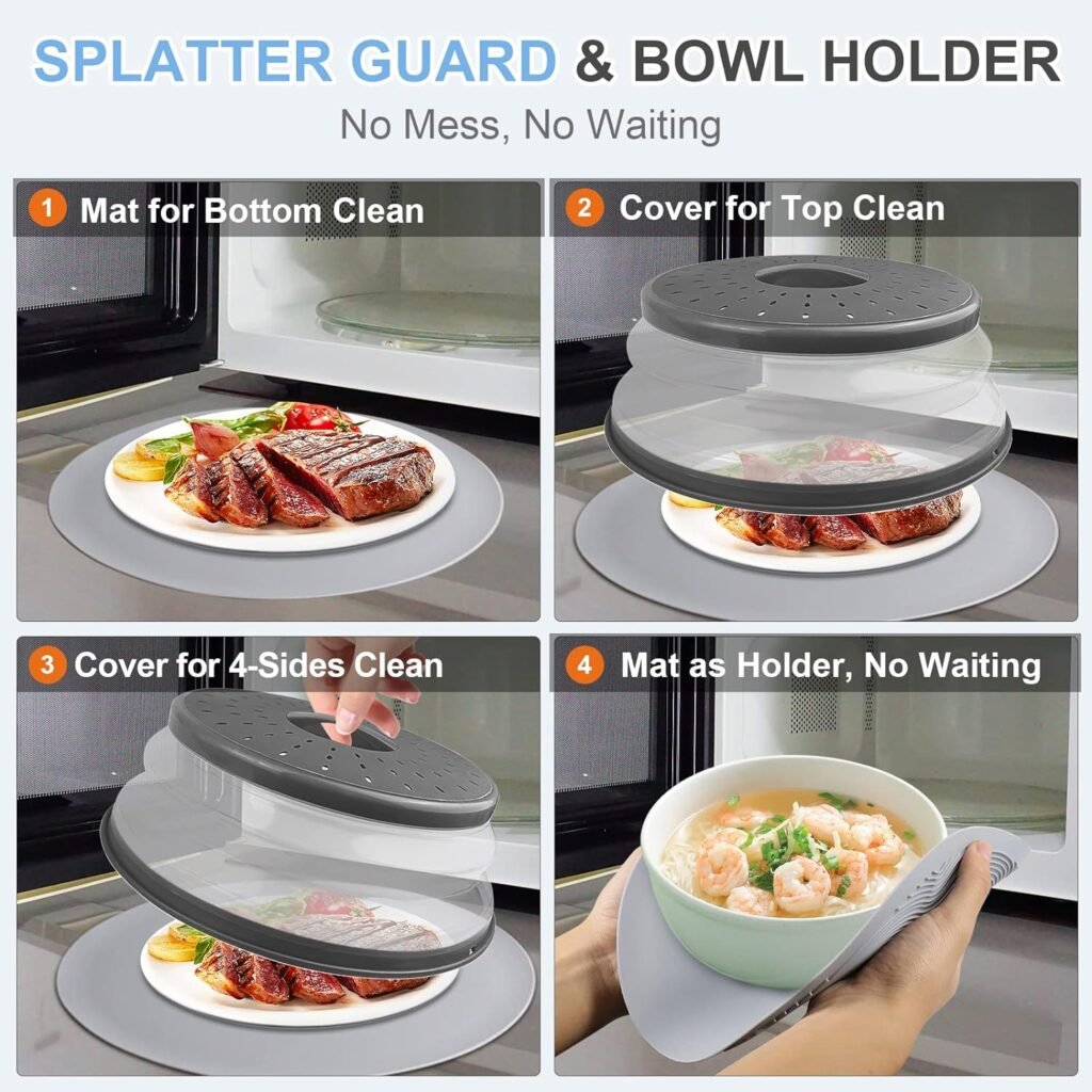 LekDrok Microwave Food Cover with Mat 10 Inch, Mat as Bowl Holder, Cover for Splatter Guard, Collapsible Lid for Plate Dish, Multi-Purpose Silicone Mat Kitchen Colander Gadget for Meal Prep,Charcoal