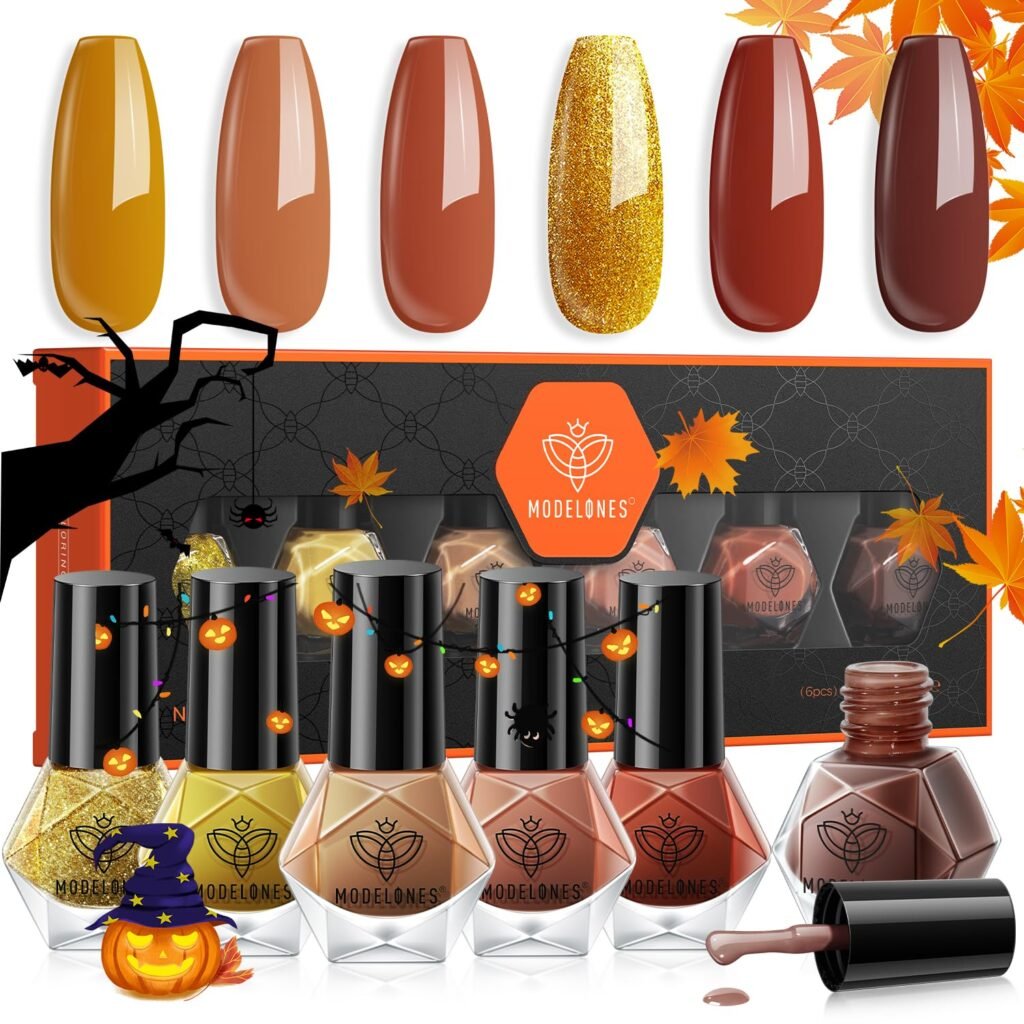 modelones Fall Nail Polish Set 6 Colors Yellow Gold Orange Glitter Autumn Nail Polish Kit Quick Dry Nail Polish Red Brown Black Long Lasting Nail Polish Manicure Diy Home Salon Gift For Women Mom