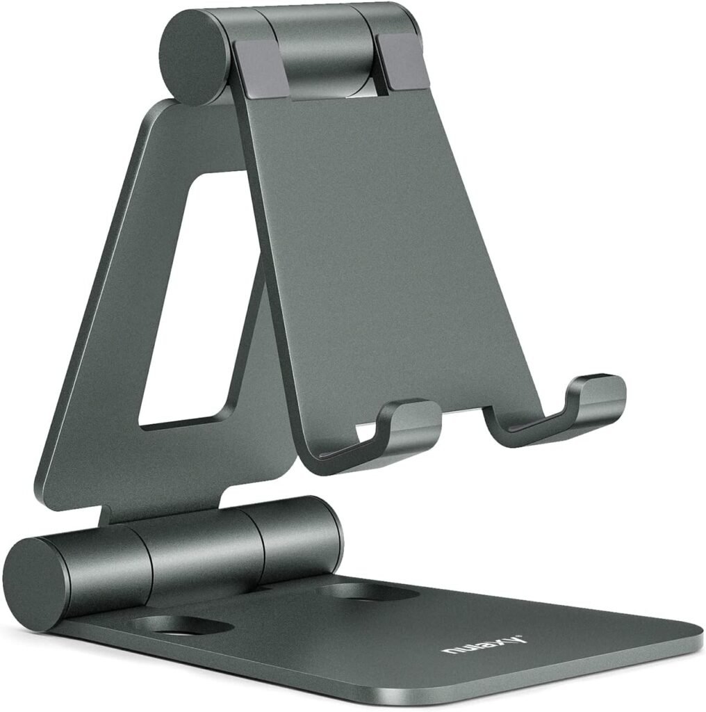 Nulaxy Cell Phone Stand for Desk, Fully Foldable Adjustable Desktop Phone Holder Cradle Dock Compatible with Phone15 14 13 12 Pro Xs Xr X 8 iPad Mini Nintendo Switch Tablets (7-10) All Phones - Grey