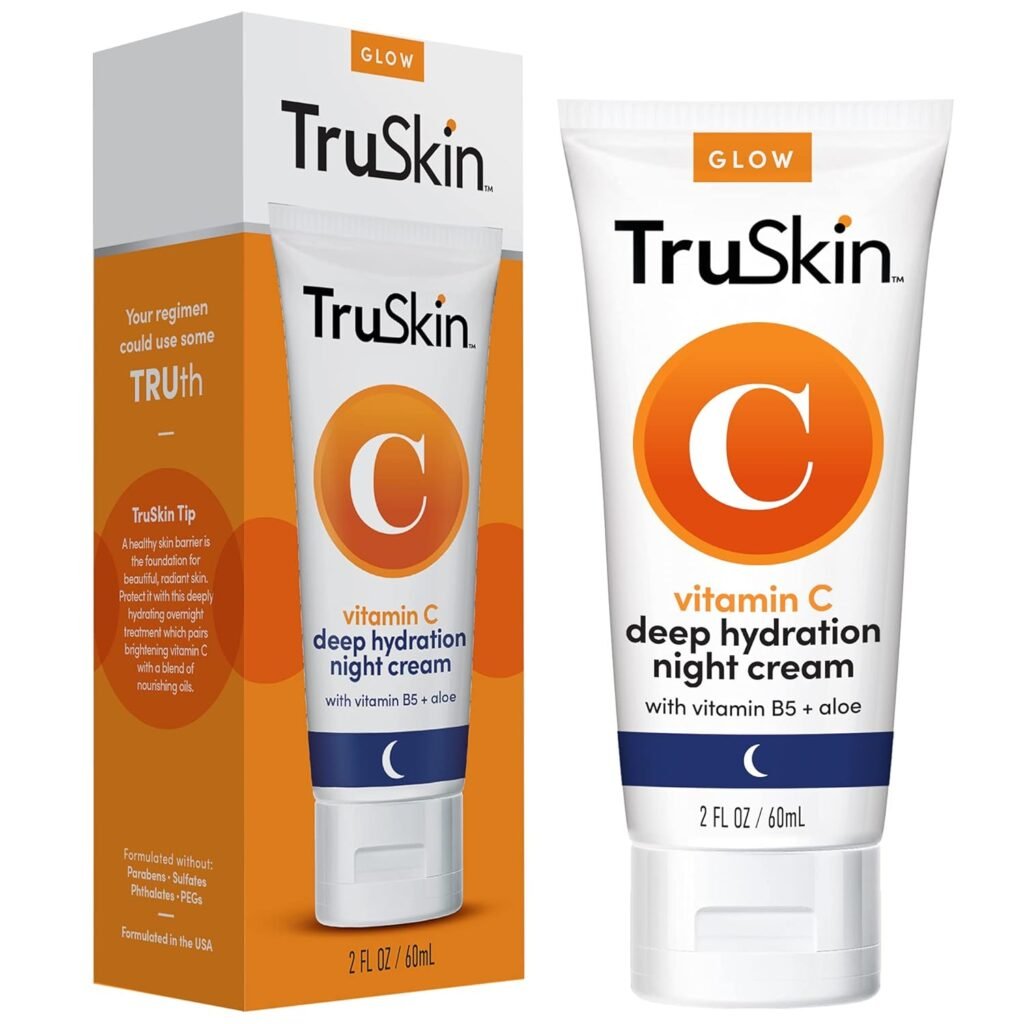 TruSkin Vitamin C Night Cream, Collagen Supporting Blend with Cocoa Butter, Vitamin B5, Botanical Essential Oils Organic Aloe Vera for Anti Aging, Brightening and Firming Skin, Face Neck, 2 Fl Oz