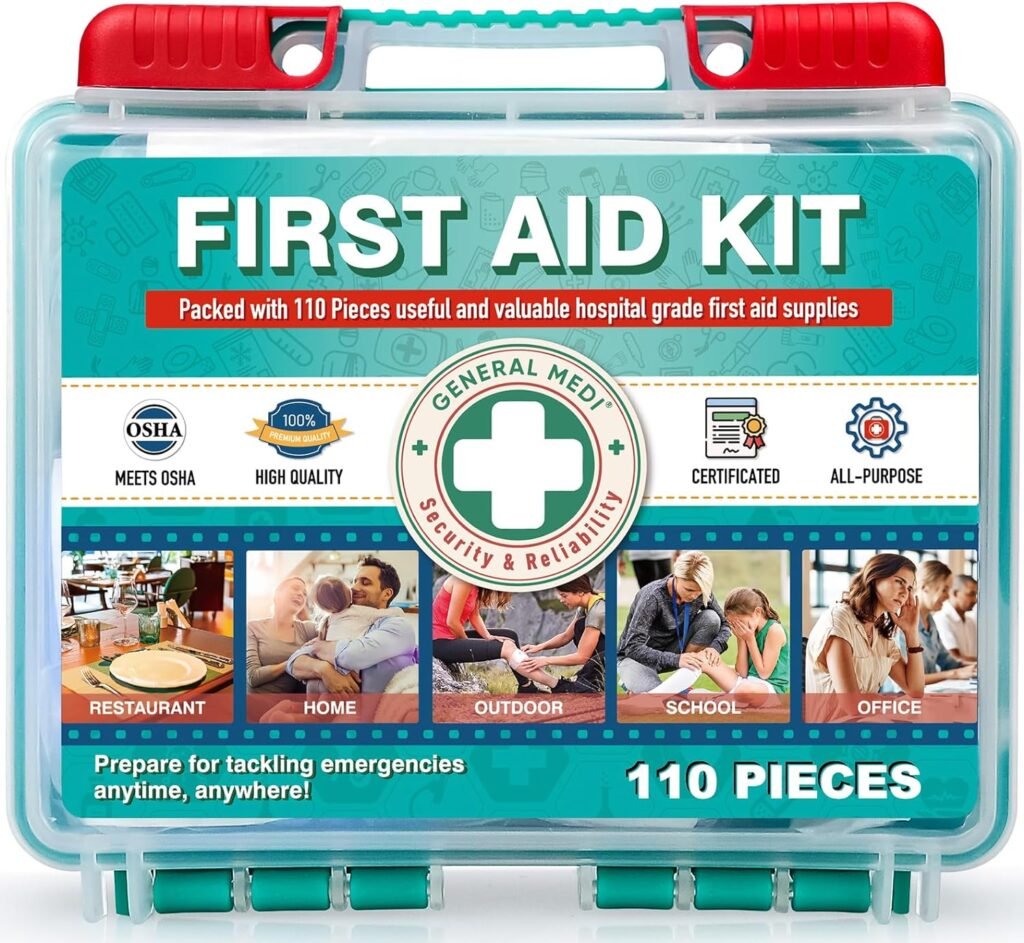 General Medi 110 Pieces Small First Aid Kit - HardCase First Aid Box - Contains Premium Medical Supplies for Travel, Home, Office, Vehicle, Camping, Workplace Outdoor