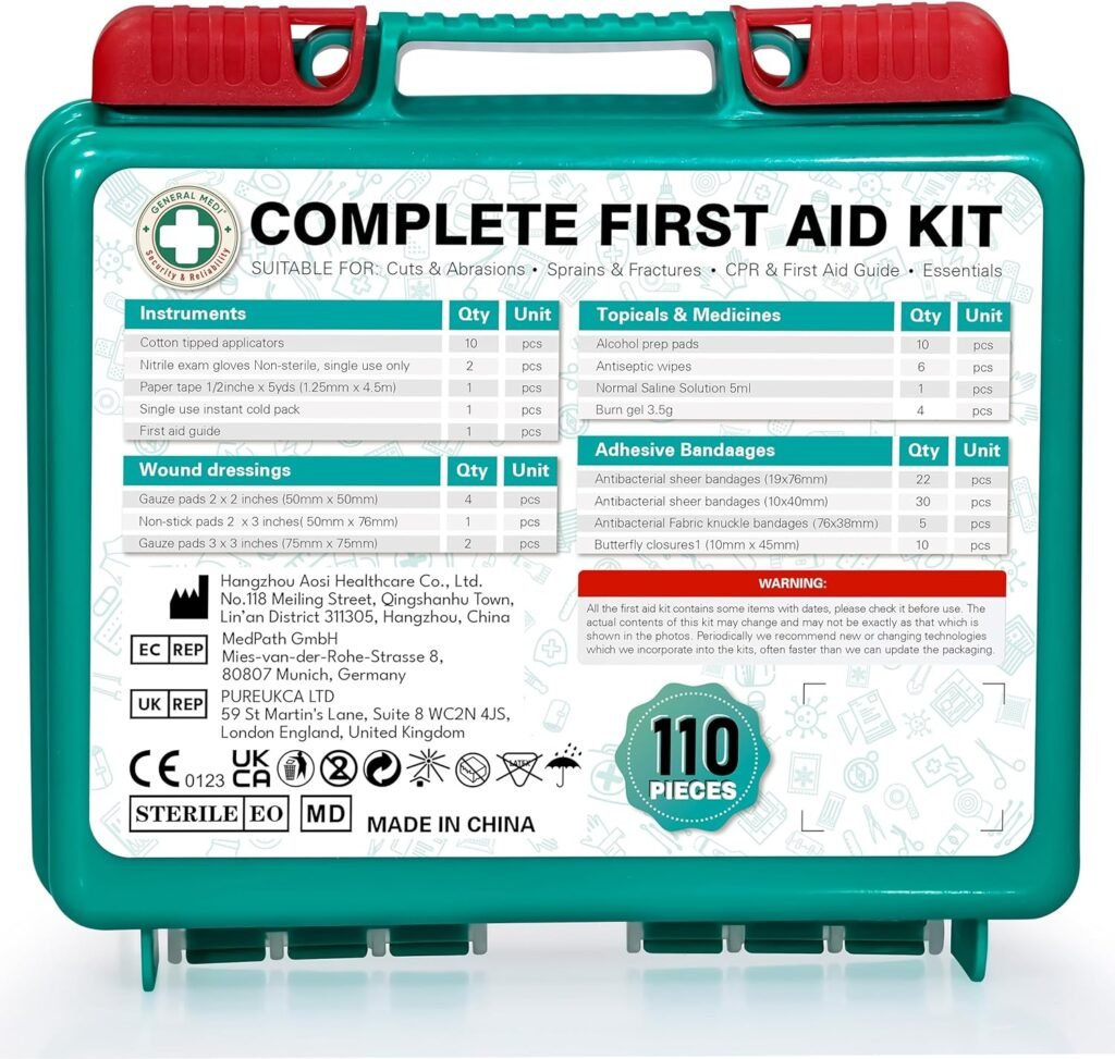 General Medi 110 Pieces Small First Aid Kit - HardCase First Aid Box - Contains Premium Medical Supplies for Travel, Home, Office, Vehicle, Camping, Workplace Outdoor