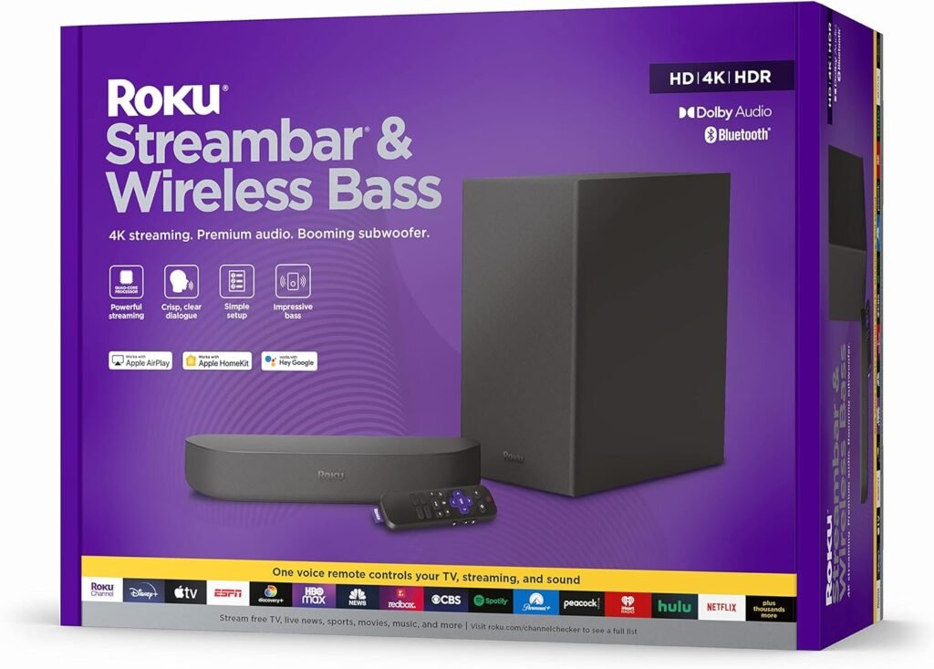 Roku Streambar Roku Wireless Bass | 4K HDR Streaming Device Premium Soundbar All in One, Wireless Subwoofer, Roku Voice Remote, Free Live TV