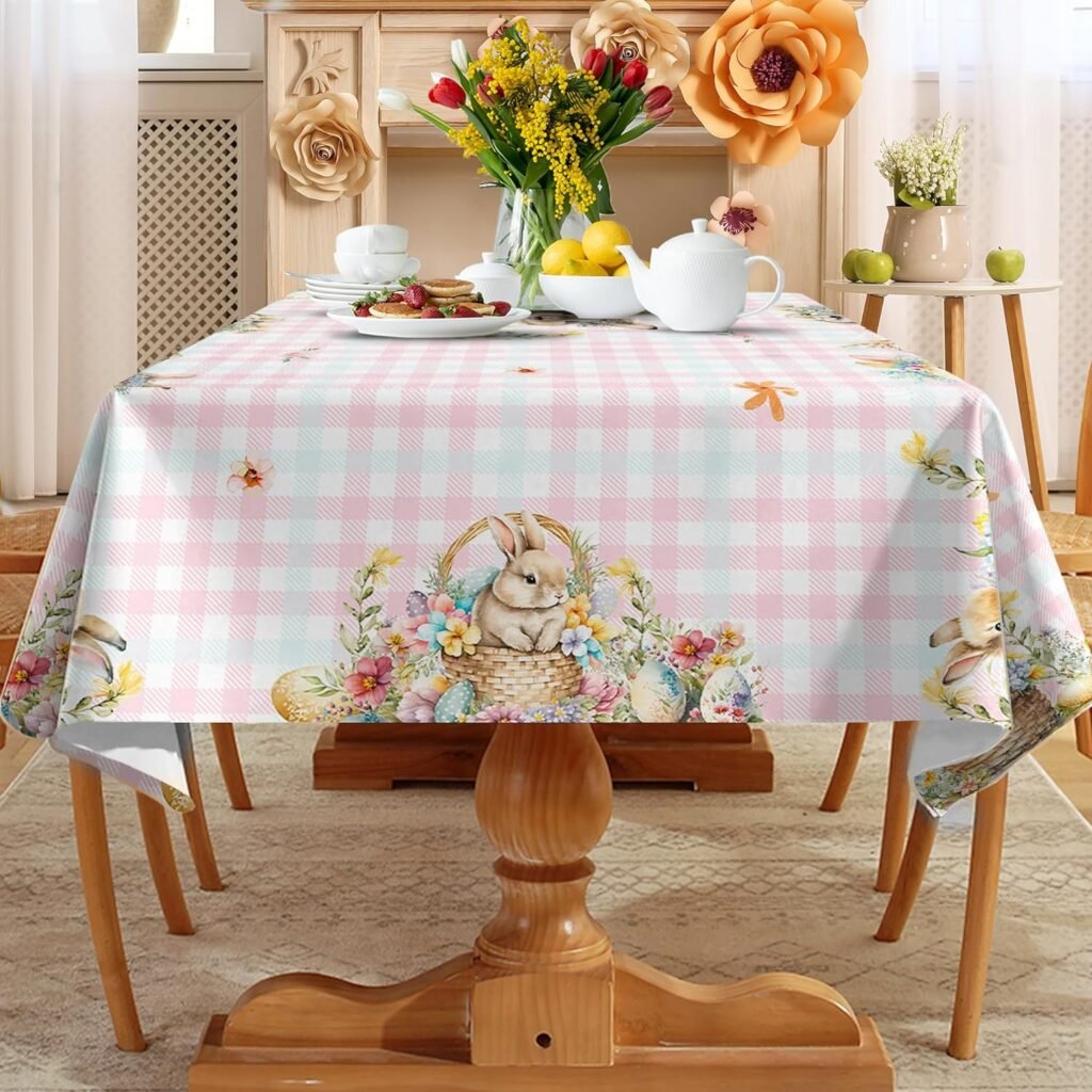 cusugbaso Easter Tablecloth 60x84 Inch Rectangle - Pink and Blue Plaid Easter Decorations for The Home - Water Resistant Spring Table Cloth Rectangle for Party,Table, Outdoor