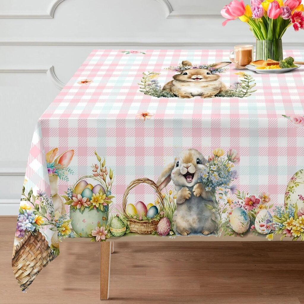 cusugbaso Easter Tablecloth 60x84 Inch Rectangle - Pink and Blue Plaid Easter Decorations for The Home - Water Resistant Spring Table Cloth Rectangle for Party,Table, Outdoor