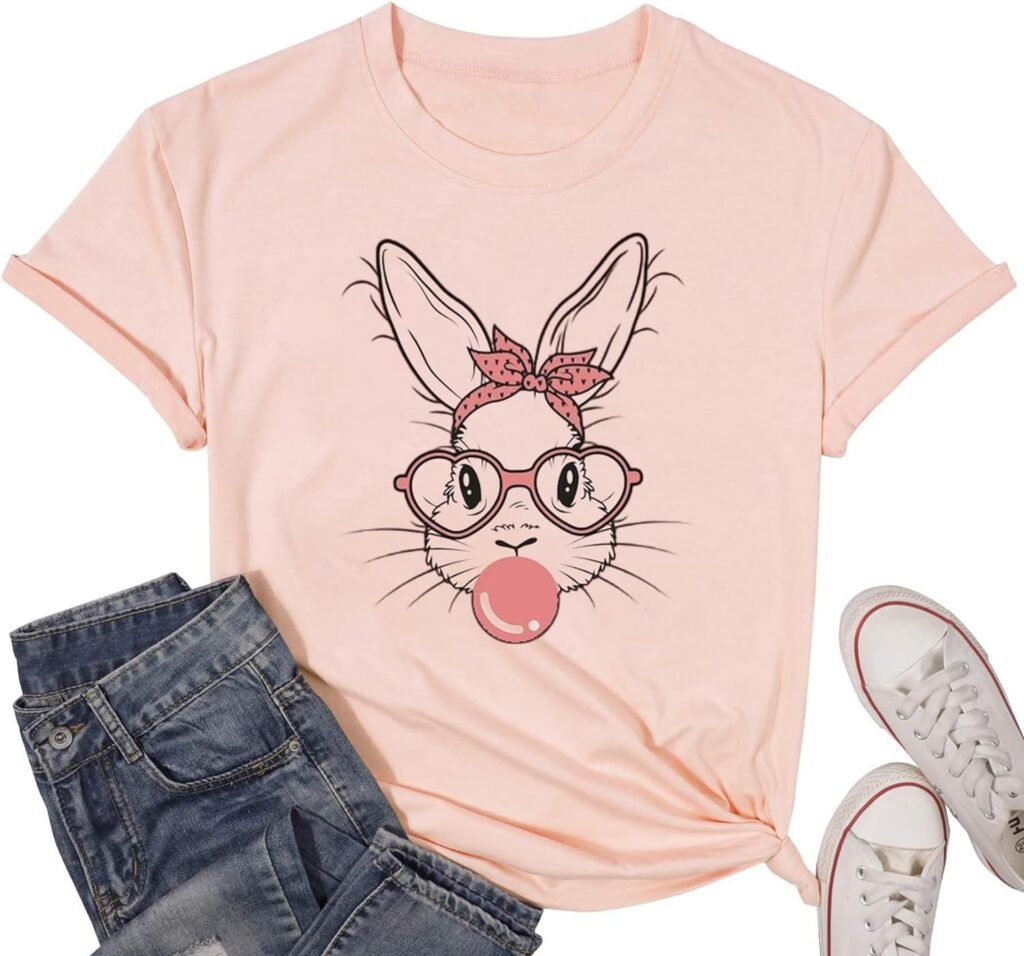 Funny Bunny Print T Shirt for Women Cute Grapic Leopard Shirts Family Blouse Gifts Easter Tops Tee