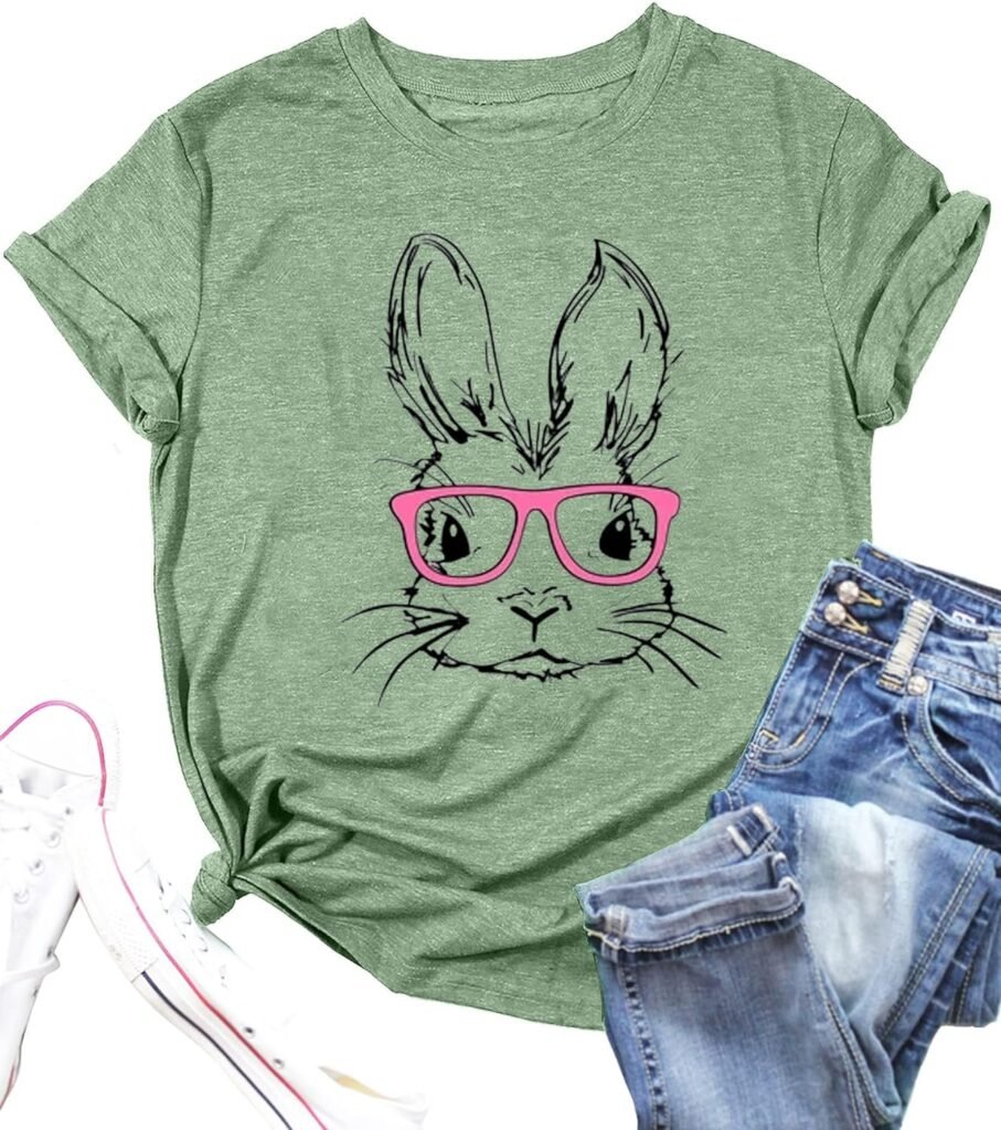 Funny Bunny Print T Shirt for Women Cute Grapic Leopard Shirts Family Blouse Gifts Easter Tops Tee