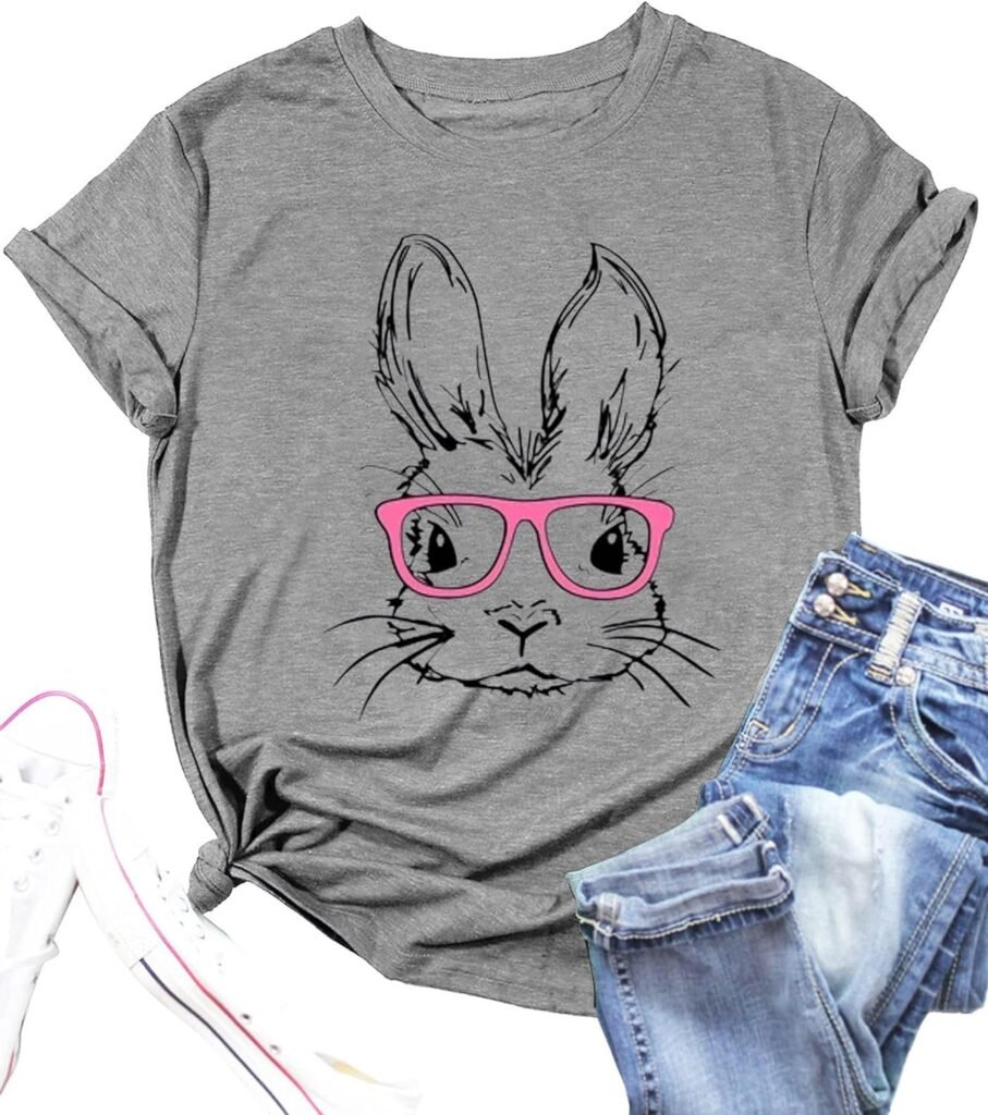 Funny Bunny Print T Shirt for Women Cute Grapic Leopard Shirts Family Blouse Gifts Easter Tops Tee