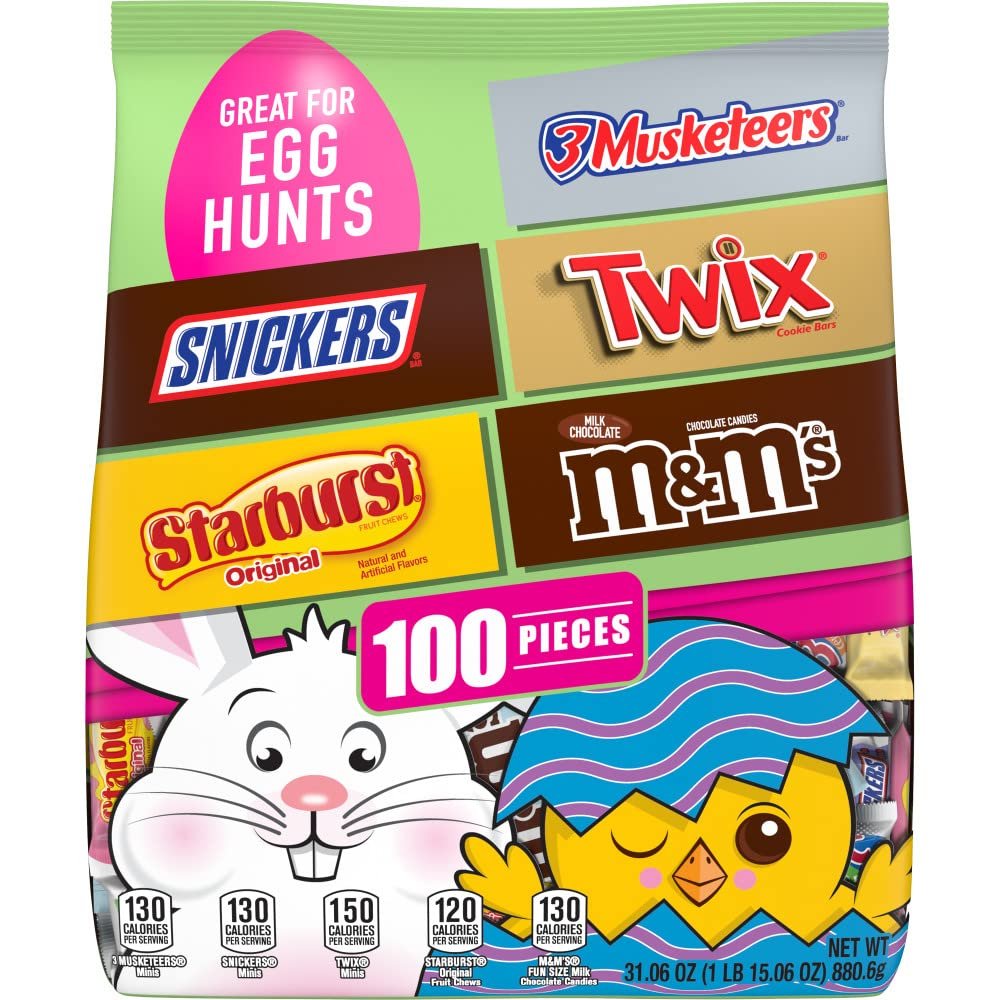 Mars MMS, SNICKERS, TWIX, 3 MUSKETEERS  STARBURST Assorted Easter Basket Candy, 31.06 oz, 100 Piece Bag