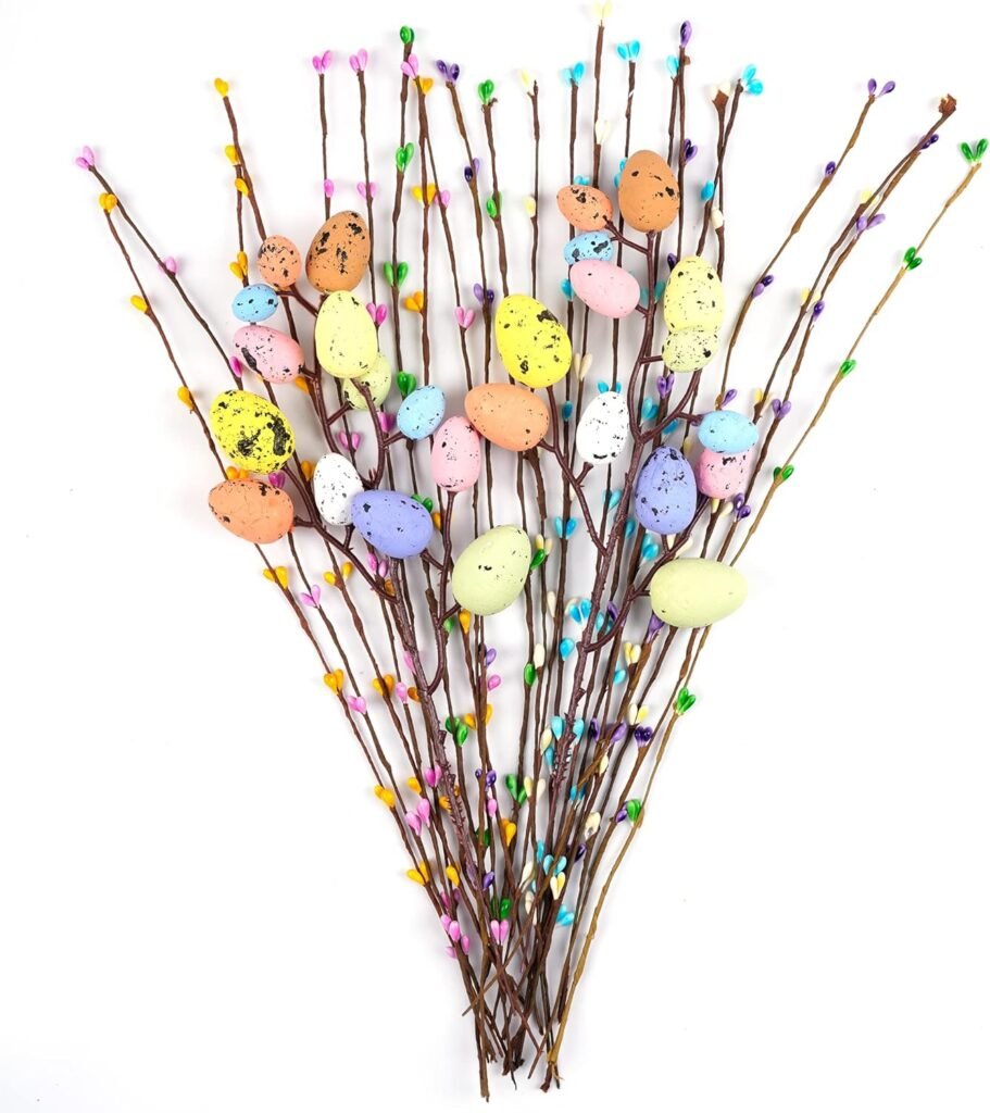 Shitailu Artificial Easter Spray Vine with Pastel Easter Eggs and Berries- Decorative Spring Floral Stems-Easter Egg Twig Branches for Floral Arrangement-Centerpiece Wreath Decoration (26 Pcs)