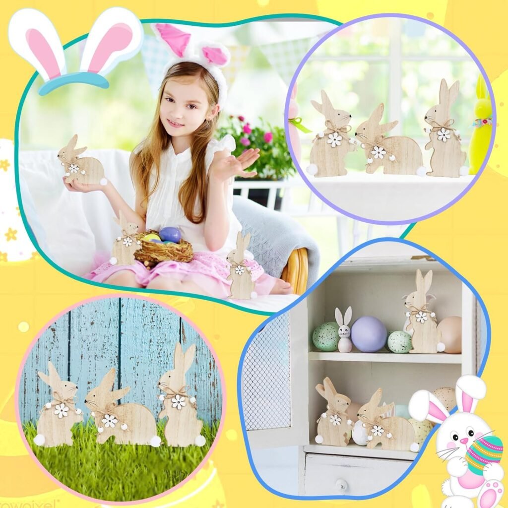 WellSign Easter Bunny Table Wooden Sign Decorations for Home, 3 Pieces Farmhouse Rabbit with Pompom Ball for Tabletop Tiered Tray Shelf Mantel Party Outdoor Indoor Decor