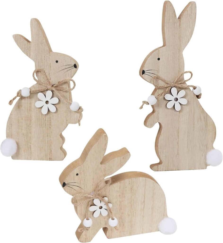 WellSign Easter Bunny Table Wooden Sign Decorations for Home, 3 Pieces Farmhouse Rabbit with Pompom Ball for Tabletop Tiered Tray Shelf Mantel Party Outdoor Indoor Decor